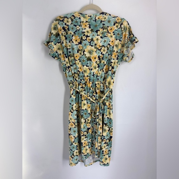 French Grey Dress Yellow/ Green Floral V Neck Tie Waist Short Sleeve- Med - Picture 3 of 6